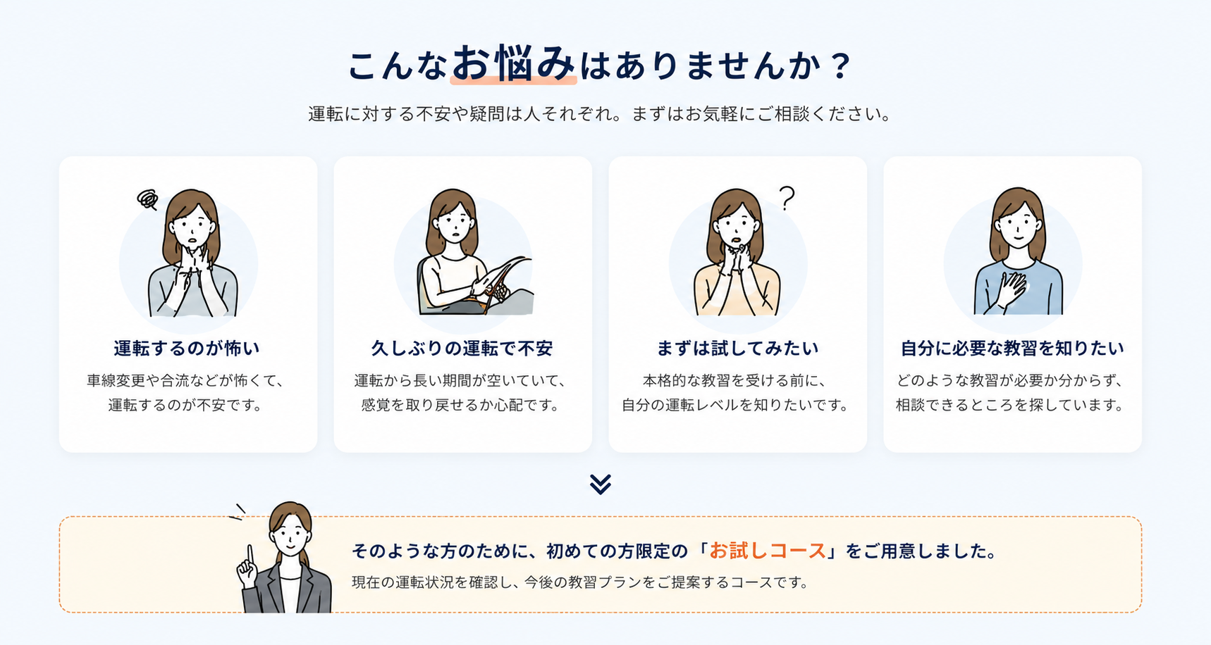 運転するのが怖い、久しぶりの運転で不安、まずは試してみたい、自分に必要な教習を知りたい
